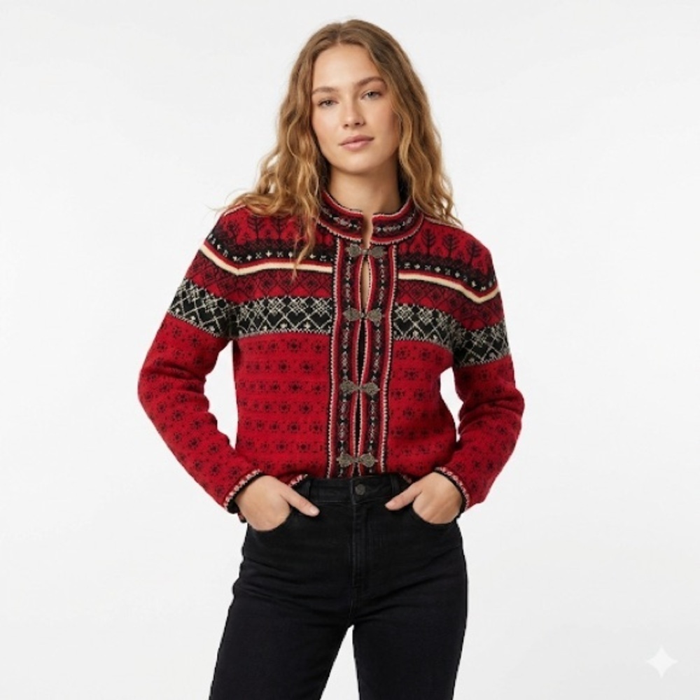 Cambridge apres ski wool cardigan Nordic clasp sweater jacket M